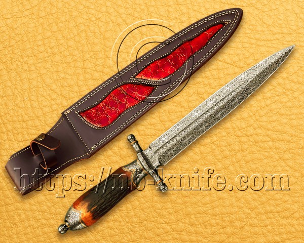 Personalized Handmade Damascus Mosaic Steel Hunting and Survival Dagger Knife | Stag Handle | Damascus Pen | Wooden Gift Box