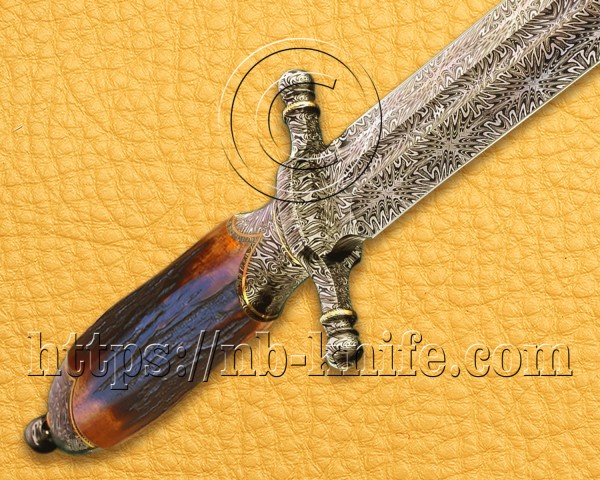 Personalized Handmade Damascus Mosaic Steel Hunting and Survival Dagger Knife | Stag Handle | Damascus Pen | Wooden Gift Box