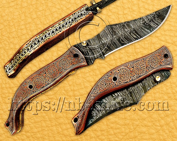 Personalized Engraving Handmade Damascus Steel Pocket Folding Knife | Copper Handle | Damascus Pen | Wooden Gift Box