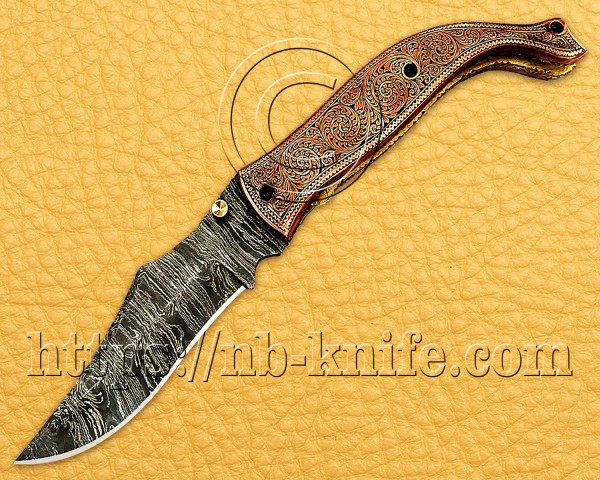 Personalized Engraving Handmade Damascus Steel Pocket Folding Knife | Copper Handle | Damascus Pen | Wooden Gift Box