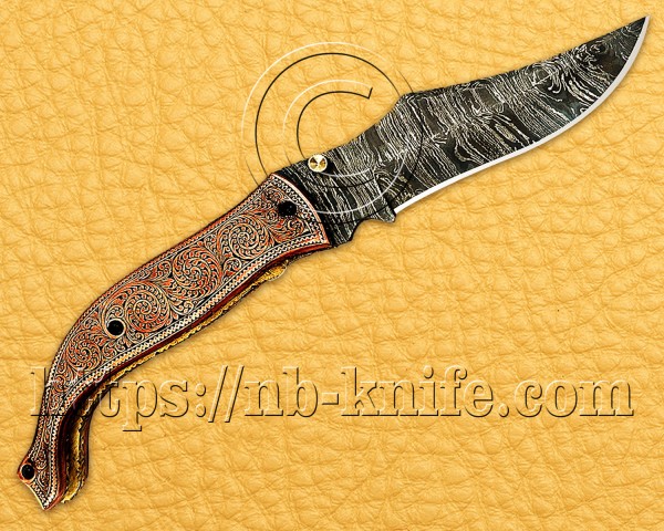 Personalized Engraving Handmade Damascus Steel Pocket Folding Knife | Copper Handle | Damascus Pen | Wooden Gift Box