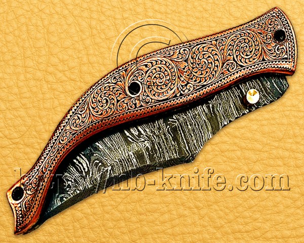 Personalized Engraving Handmade Damascus Steel Pocket Folding Knife | Copper Handle | Damascus Pen | Wooden Gift Box