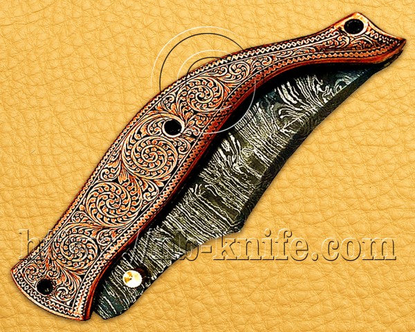 Personalized Engraving Handmade Damascus Steel Pocket Folding Knife | Copper Handle | Damascus Pen | Wooden Gift Box