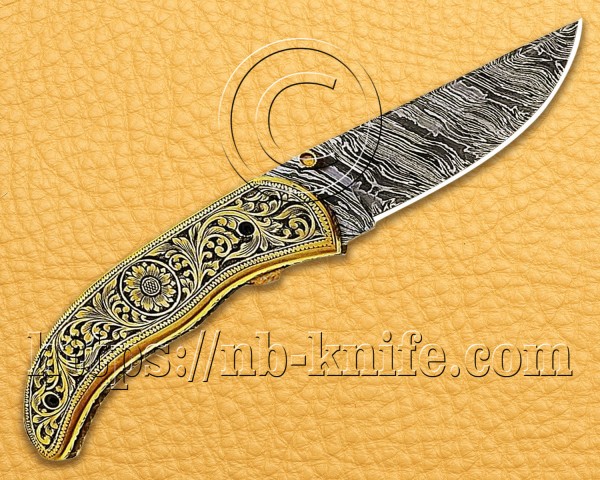 Personalized Engraving Handmade Damascus Steel Pocket Folding Knife | Brass Handle| Damascus Pen | Wooden Gift Box