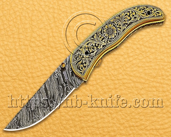 Personalized Engraving Handmade Damascus Steel Pocket Folding Knife | Brass Handle| Damascus Pen | Wooden Gift Box