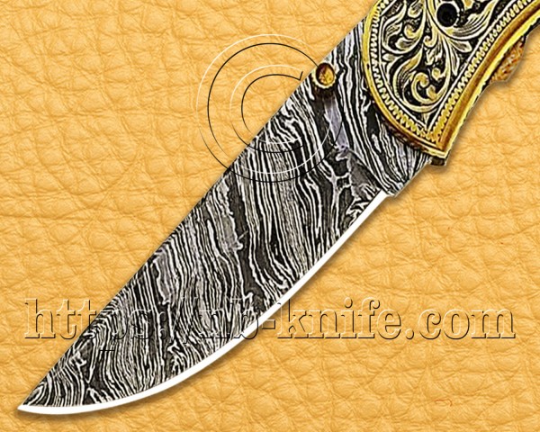 Personalized Engraving Handmade Damascus Steel Pocket Folding Knife | Brass Handle| Damascus Pen | Wooden Gift Box