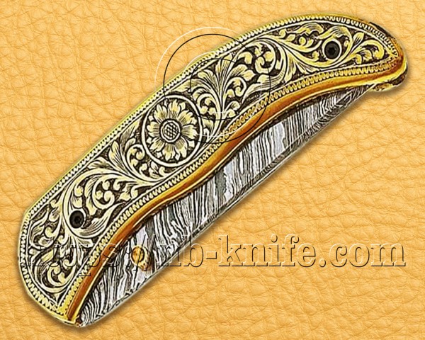 Personalized Engraving Handmade Damascus Steel Pocket Folding Knife | Brass Handle| Damascus Pen | Wooden Gift Box